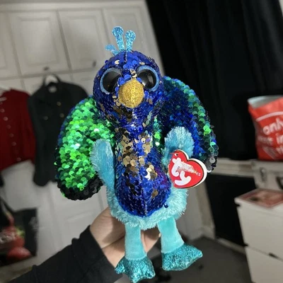 Ty Sequin Flippables Tyson Peacock Bird Glitter Feet Blue Aqua 2019 - Image 1 of 3