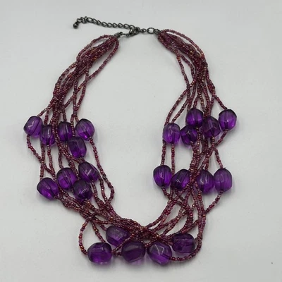 Purple Beaded Necklace Silver Tone Multi Strand Acrylic Chunky Layered 18 Inch - Image 1 of 4