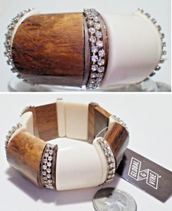 ENESCO GLOBAL & VINE INDIA Wide Chunky Wood, Rhinestone, Cream Panel Bracelet - Picture 1 of 4