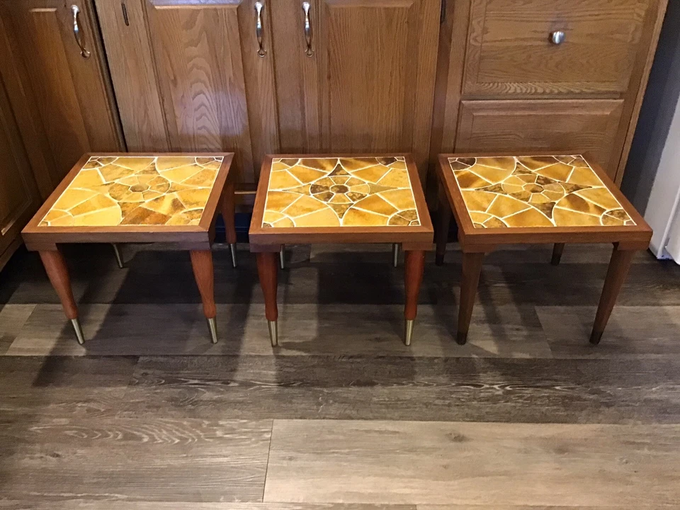 FABULOUS Mid Century Modern Mosaic Tile Teak Wood NESTING TABLES Tapered Leg SET - Image 1 of 4