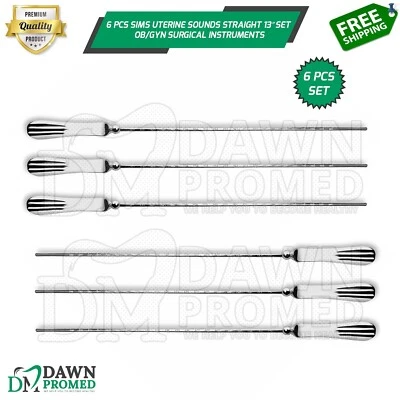 6 Pcs Sims Uterine Sounds Malleable Straight 13” Set OB/GYN Surgical Instruments - Image 1 of 4