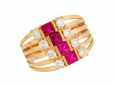 10k or 14k Yellow Gold Simulated Ruby and White CZ Wide Split Band Ladies Ring - Image 1 of 4