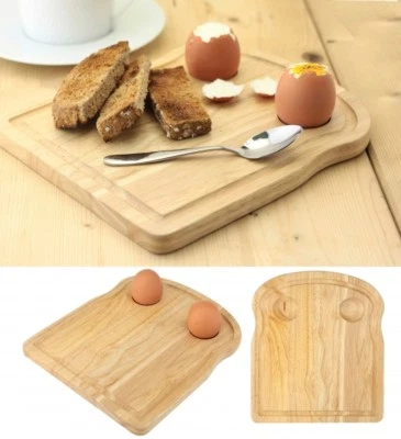 Rubberwood Breakfast Board Toast Shape Serving Tray with Egg Holders Cups New - Image 1 of 4