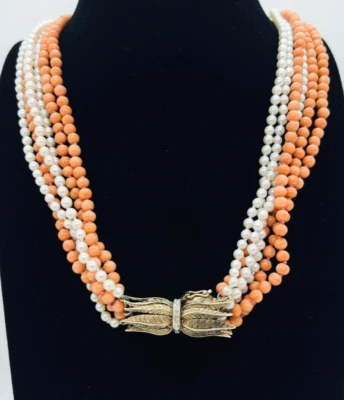 14k Solid Gold w Diamond Feather Clasp, Multi Strand Coral & Pearl Necklace 19" - image 1 of 4
