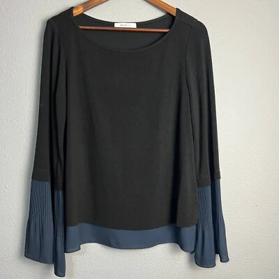 Bailey 44 Mixed Media Pleated Bell Sleeve Top Blouse Black Blue Viscose Wool Med - Image 1 of 4