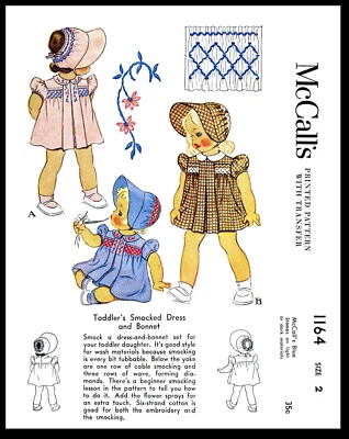McCall 1164 Pattern SMOCKED Dress & BONNET Frock GIRL - Image 1 of 4