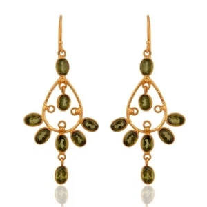 Peridot Gemstone 925 Silver Gold Plated Dangle Earrings Wedding Jewelry - Picture 1 of 2