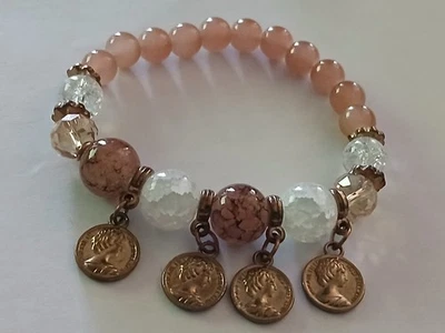 Pulsera Naranja/Melocotón y Luna Piedra Cuarzo Transparente con Adornos para Monedas  Foto 1 de 4