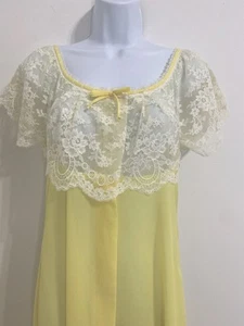 Vintage Odette Barsa Peignoir Sheer Robe Yellow White Lace Overlay Cap Sleeves S - Picture 1 of 14