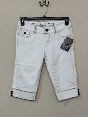 Pantalones cortos de mezclilla ajustados de tiro bajo crema de algodón industrial para mujer s 9 Foto 1 de 4