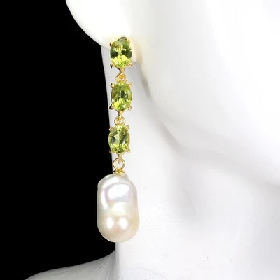Orecchini in argento sterling 925 peridoto ovale 7x5 mm perle gemme gioielli - Immagine 1 di 4