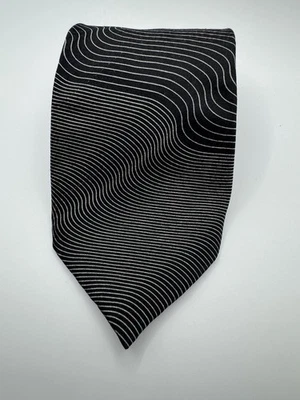 Галстук Tom James Италия 100% шелк черный серый золотой волнистая полоса абстрактный узор - Изображение 1 из 4