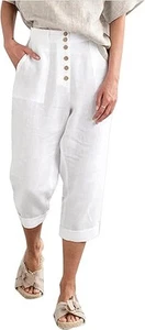 SVALIY Summer Cotton Linen Cropped Wide Leg Pants Capris Women Small, White - Picture 1 of 6