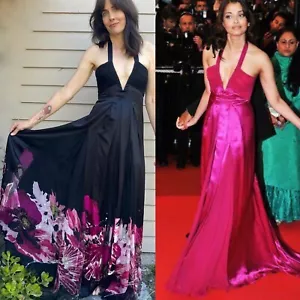 Maxi Vestido Roberto Cavalli 2008 Seda Negro Floral IT 40 Dobladillo Tren en V - Imagen 1 de 12