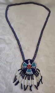 VTG Native American Seed Bead Medallion Handcrafted Thunderbird Necklace Blue - Picture 1 of 4