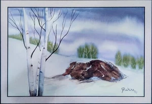 J. Richins Original Signed Birch Tree Winter Snow Mountain Watercolor Painting - Picture 1 of 7