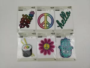 LOT OF 6 Bling Patches Stickers Good Vibes Peace Sign Hello Sushi Flower Eye - Picture 1 of 12