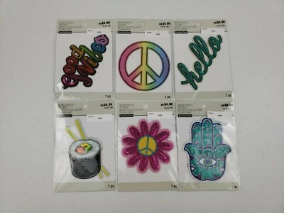 LOT OF 6 Bling Patches Stickers Good Vibes Peace Sign Hello Sushi Flower Eye - Image 1 of 4