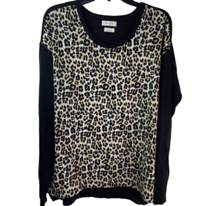 Van Heusen Mix Media Sweater Women L Leopard Long Sleeve Scoop Neck Lightweight