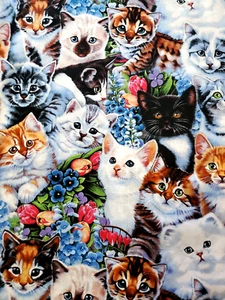 Baumwolle Kätzchen & Blumen Katzen Tiere Haustiere Stoffdruck Meterware - Bild 1 von 5
