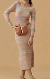 Anthropologie Daily Practice Sweater Dress Small Midi Green Pink Boat Neck  - Picture 1 of 9