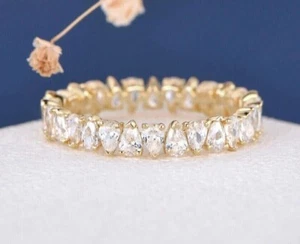2.50 CTW Pear Shape Simulated Diamond Eternity Band Ring 14K Yellow Gold Finish - Picture 1 of 6