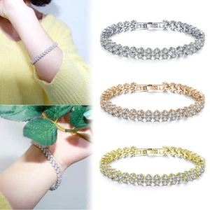 Women Fashion Roman Chain Clear Zircon Crystal Bangle Rhinestone Bracelet Gift - Picture 1 of 14