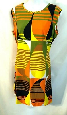 Vestido recto de algodón sin mangas colorido op art gráfico naranja/amarillo años 70 de colección S Foto 1 de 4
