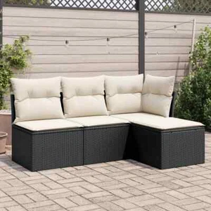 4-tlg. Garten-Sofagarnitur mit Kissen Schwarz Poly Rattan - Bild 1 von 3