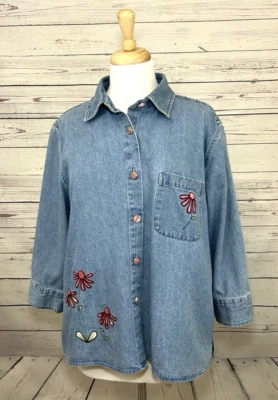Christopher & Banks Womens XL Denim Floral Embroidered Jean Jacket Blue Vtg - Image 1 of 4