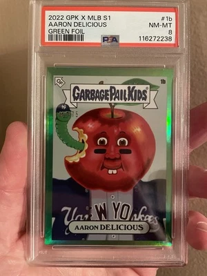 2022 Topps GPK X MLB Series 1 Keith Shore Green Foil Aaron Delicious /75 PSA 8 - Image 1 of 2