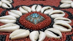Vintage Handmade Cowrie Shell Red Beaded Turquoise Canvas Bag - Picture 1 of 14