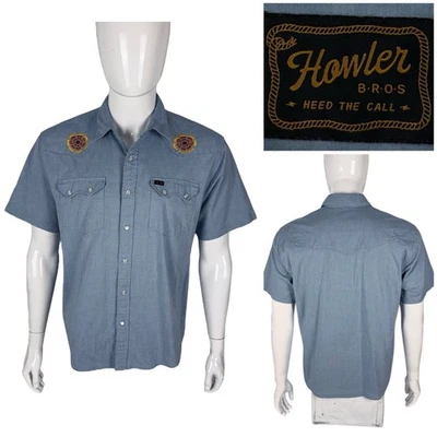 Howler Bros Gaucho Men Medium Shirt Pearl Snap Blue Cotton Blend Embroidered EUC - Image 1 of 4
