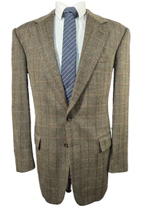 Mens Brown Overcheck Wool Classic Fit 2 Button Sport Coat Blazer Jacket 42L - Picture 1 of 9