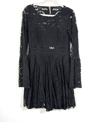 Free People Lace Lovers Folk Song Mini Dress 12 Black Whimsigoth Dark Coquette - Image 1 of 4