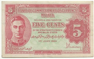 Billete de 5 centavos Malasia P7b 1941 (mundo/lote) envío peine Foto 1 de 2