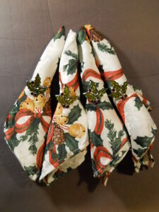 Set 4 16" Christmas Napkins & 4 Silver Green Holly Rings Bells Ribbon Pine Cones