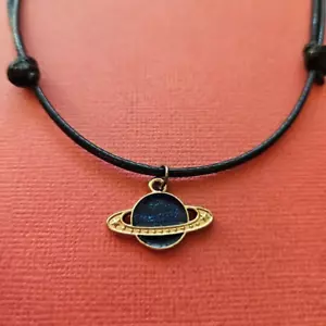 Planet Necklace Leather Adjustable Cord Gold Plated Pendant Saturn Stars Space - Picture 1 of 3