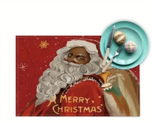Black Santa Claus Merry Christmas Placemats Set of 4 12x18 Inch New - Picture 1 of 5