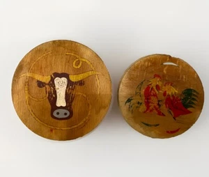 Vintage Fred Roberts Co Wood Hinged Hamburger Press Steer Longhorn And Rooster - Picture 1 of 16