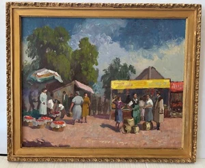 Vintage Ungarische Schule Markt Straßenszene Ölgemälde Signiert - Bild 1 von 7
