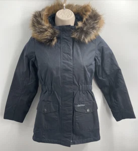 Barbour Girl's Tern Waxed Faux-Fur Trim Hooded Navy Coat Jacket Size Medium - Picture 1 of 15