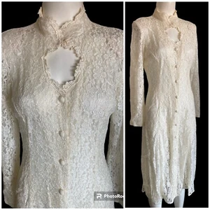 Vintage 80’s Ivory Sheer Lace Key Hole Corset Back Laced Midi Dress Sz S Petite - Picture 1 of 7