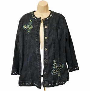 Alfred Dunner Jean Jacket 16W Blue Denim Butterfly Beaded Long Sleeve Dark Wash - Picture 1 of 11