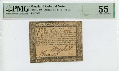 1776 August 14, $2 2/3 Maryland Colonial Note FR#MD-99 PMG AU55 Finest Known - Image 1 of 2