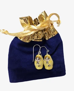 Vintage Sterling Silver Hand Painted Nesting Doll Earrings Yellow (1.5") - Picture 1 of 4