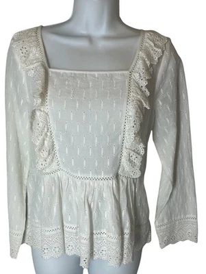 NUEVO Top Meadow Rue Boho 4 S Crema Marfil Encaje Bordado Volantes Detalle Cuello Cuadrado Foto 1 de 4