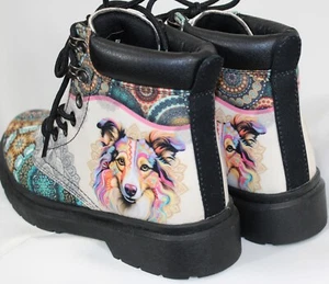 Women's Size 6W Colorful Steampunk Mandala Collie Lace Up BOHO Ankle Boots - Picture 1 of 11