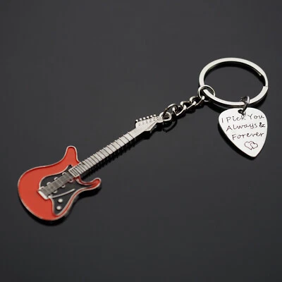 Orange Guitar & Pick Keychain I Pick You Always & Forever Hearts Love Music Gift - Image 1 of 4