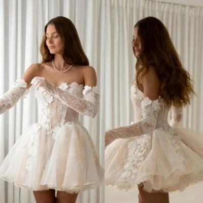 Boho Mini Short Wedding Dresses Sleeveless Champagne Lace Appliques Bridal Gowns - Image 1 of 4